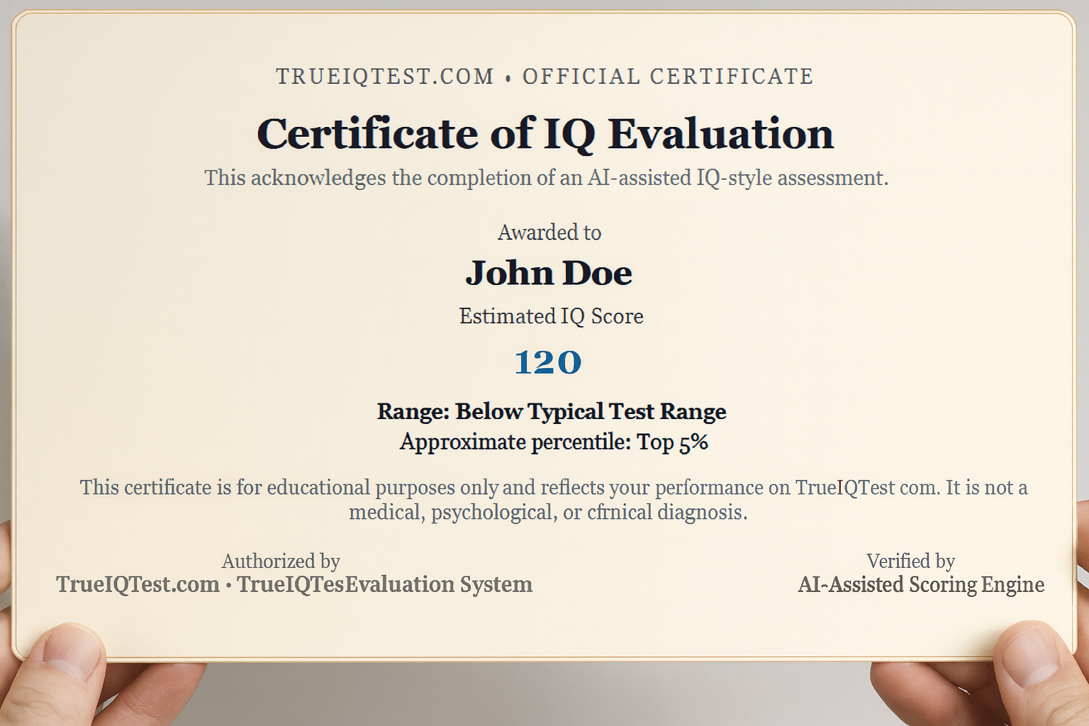 Preview of TrueIQTest AI-Verified IQ style certificate with seal and score area